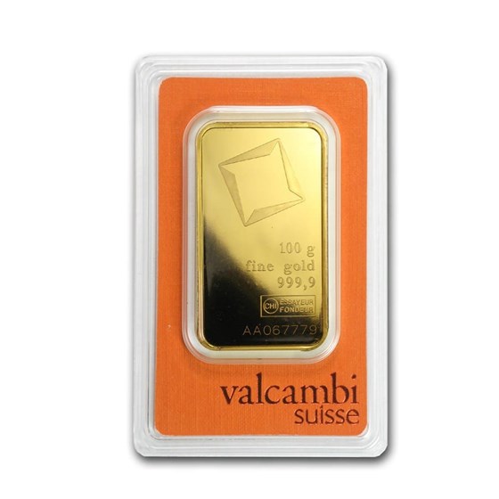 100 gram Gold Bar - Valcambi (Pressed w/Assay) 100 gram Gold Bar - Valcambi (Pressed w/Assay)